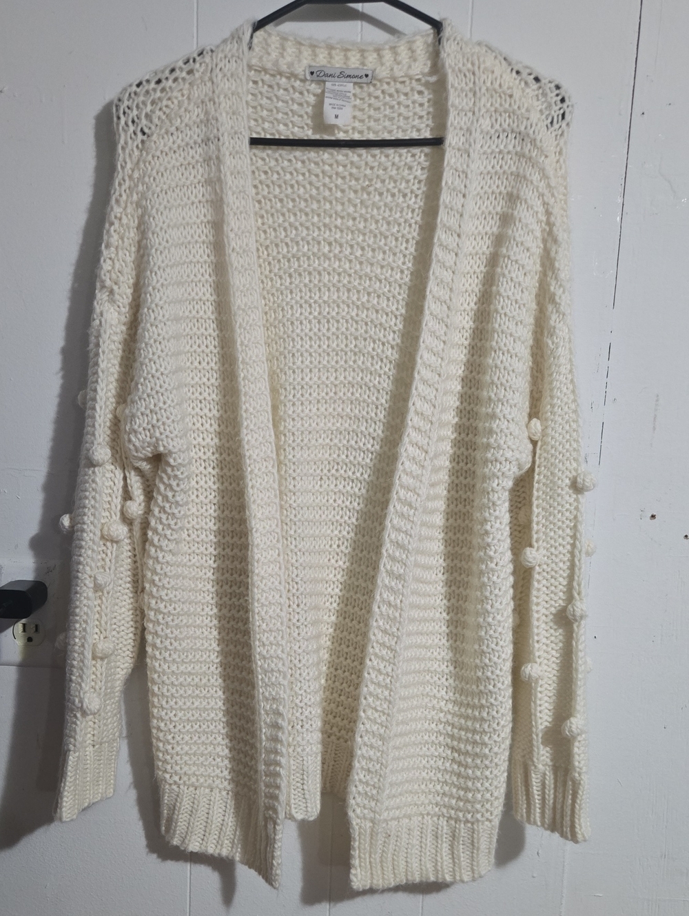 Open-Front Chunky Knit Cardigan with Bobble Sleeve Detail — Cream